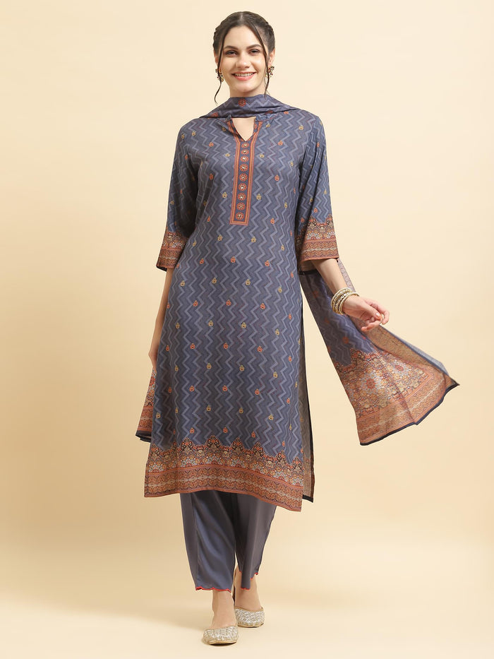 Women Liva Rayon Blue Ornamental Print Kurta Comfort Pant Dupatta.