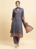 Women Liva Rayon Blue Ornamental Print Kurta Comfort Pant Dupatta.