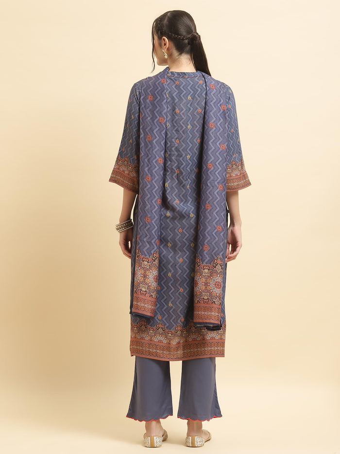 Women Liva Rayon Blue Ornamental Print Kurta Comfort Pant Dupatta.