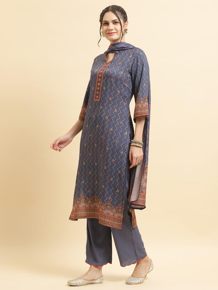 Women Liva Rayon Blue Ornamental Print Kurta Comfort Pant Dupatta.