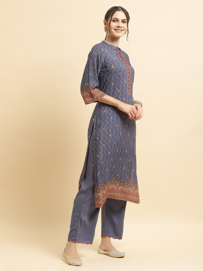 Women Liva Rayon Blue Ornamental Print Kurta Comfort Pant Dupatta.