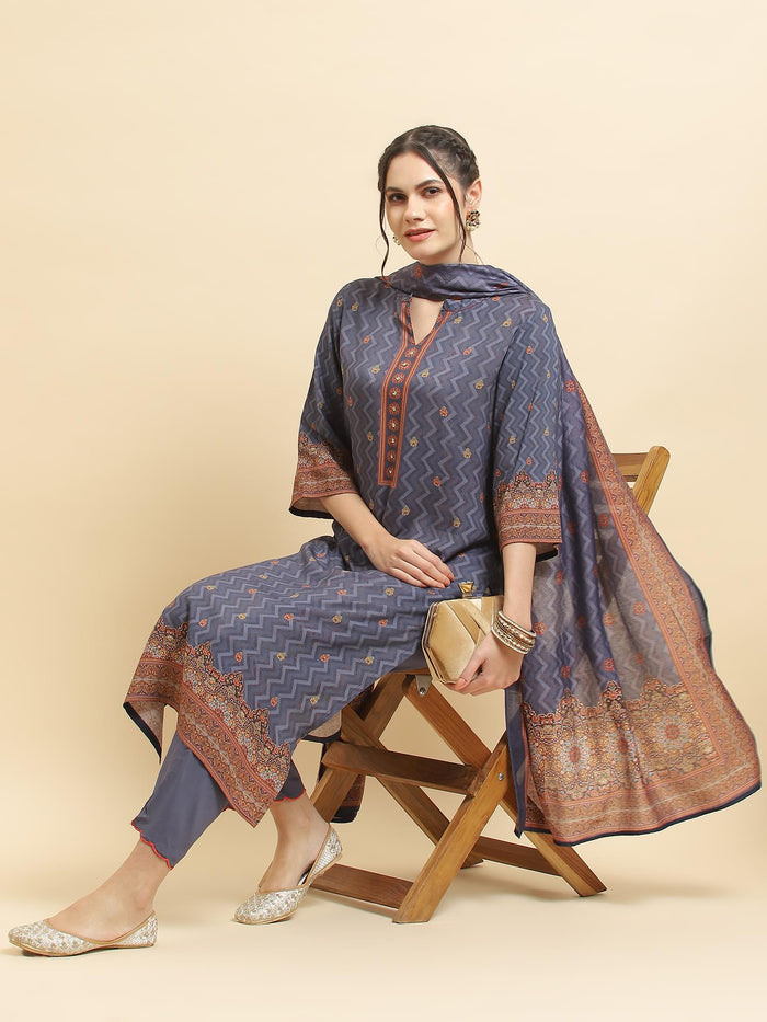 Women Liva Rayon Blue Ornamental Print Kurta Comfort Pant Dupatta.