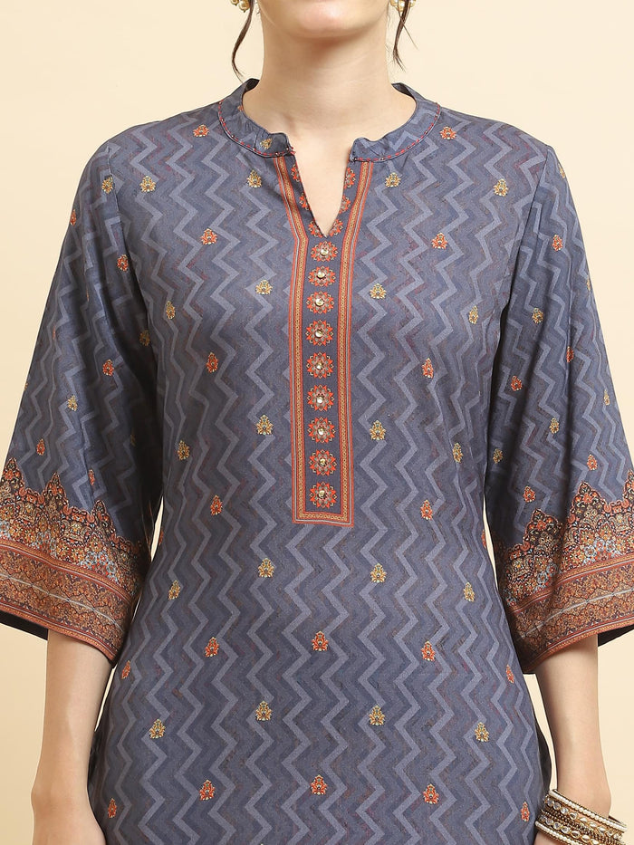 Women Liva Rayon Blue Ornamental Print Kurta Comfort Pant Dupatta.