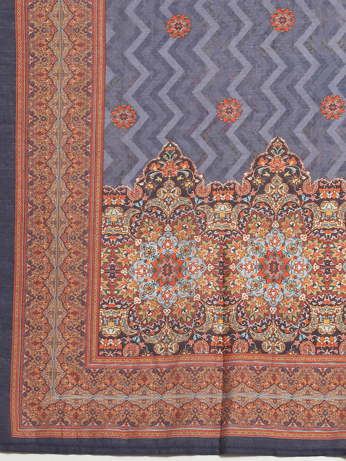 Women Liva Rayon Blue Ornamental Print Kurta Comfort Pant Dupatta.