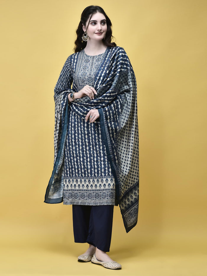 Women Liva (Rayon) Blue Placement Print Kurta Comfort Pant Dupatta.