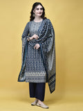 Women Liva (Rayon) Blue Placement Print Kurta Comfort Pant Dupatta.