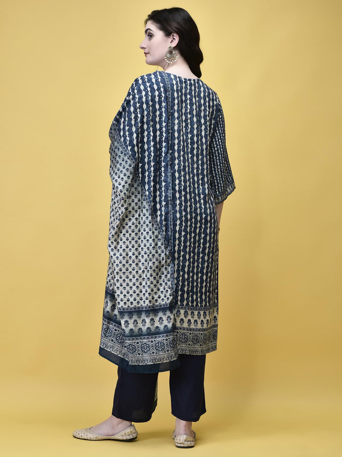 Women Liva (Rayon) Blue Placement Print Kurta Comfort Pant Dupatta.