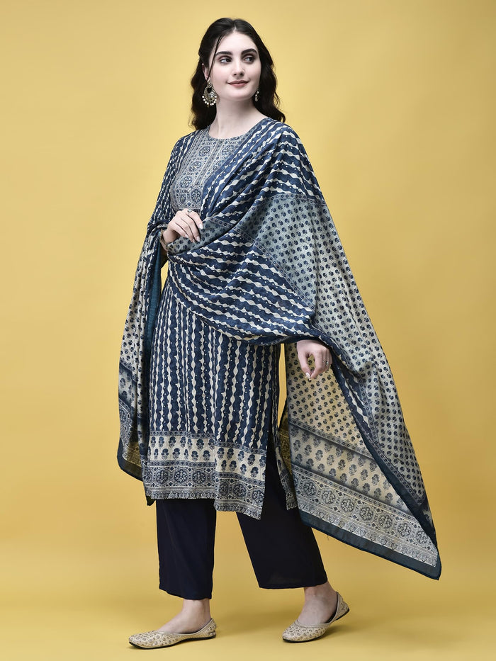 Women Liva (Rayon) Blue Placement Print Kurta Comfort Pant Dupatta.