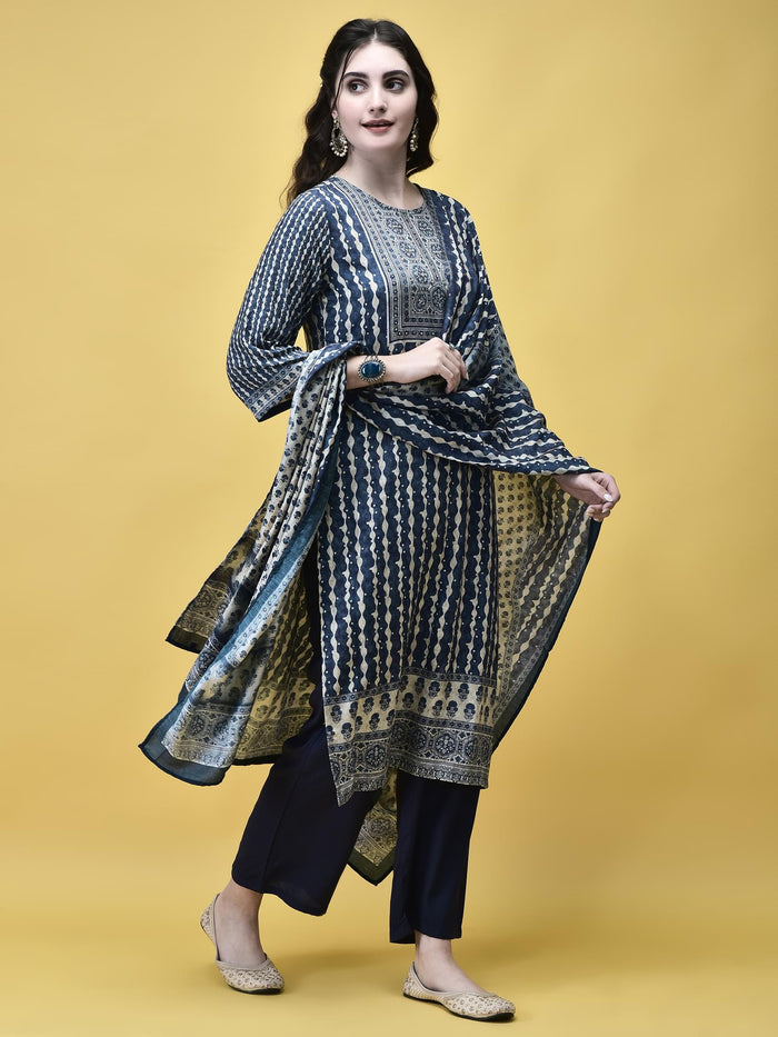Women Liva (Rayon) Blue Placement Print Kurta Comfort Pant Dupatta.