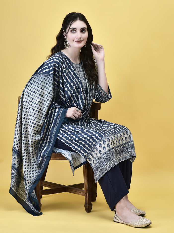 Women Liva (Rayon) Blue Placement Print Kurta Comfort Pant Dupatta.
