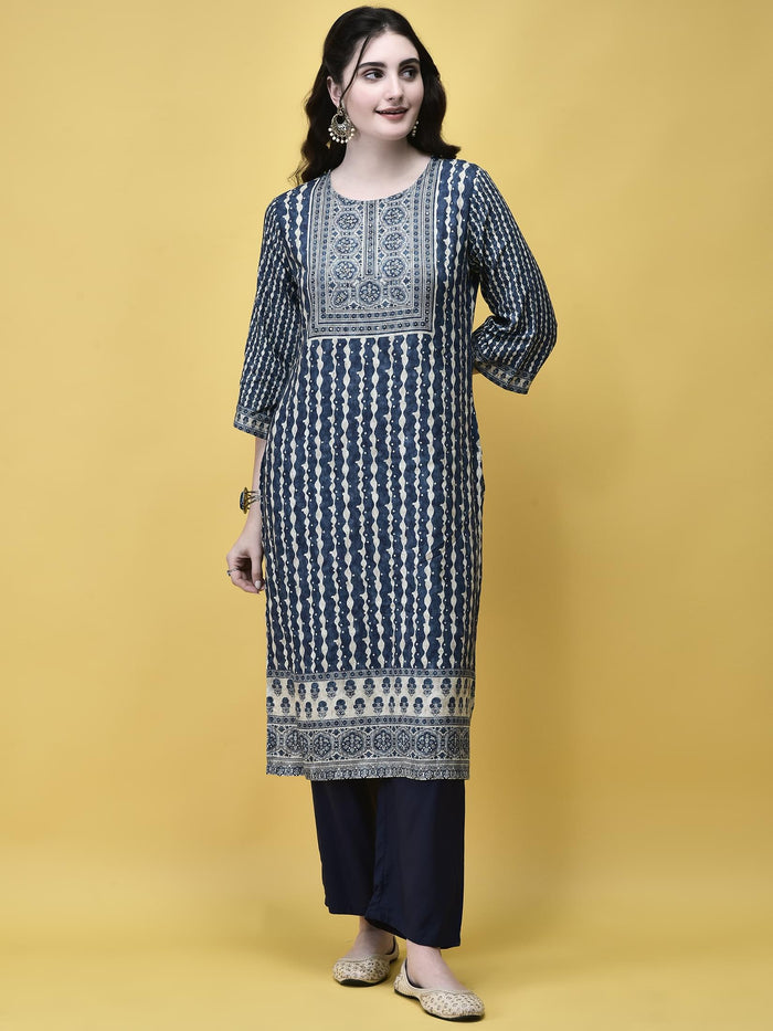 Women Liva (Rayon) Blue Placement Print Kurta Comfort Pant Dupatta.