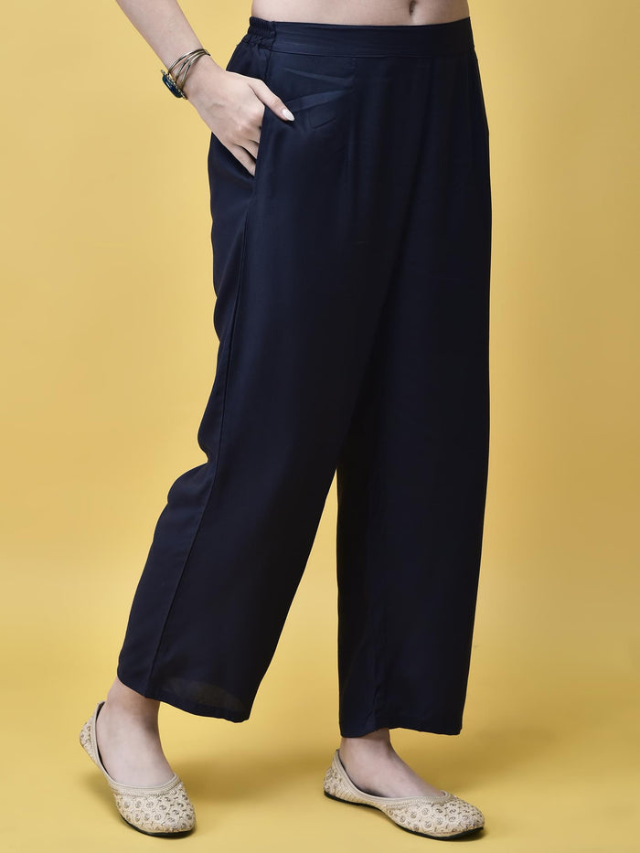 Women Liva (Rayon) Blue Placement Print Kurta Comfort Pant Dupatta.