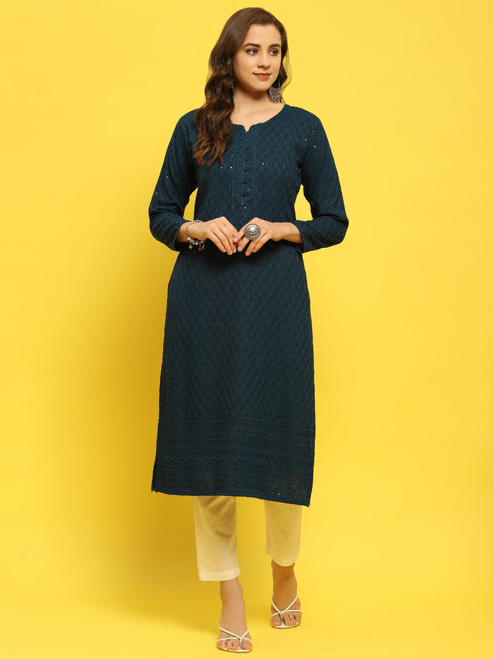 Women Liva Rayon Blue Schiffli Embroidered Kurta.