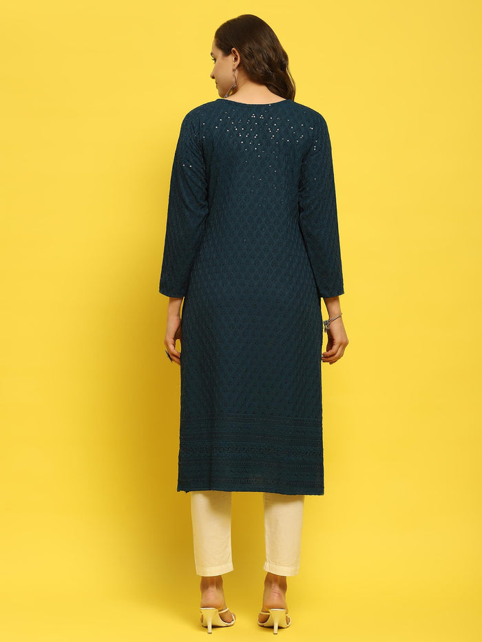 Women Liva Rayon Blue Schiffli Embroidered Kurta.