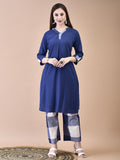 Women Liva (Rayon) Blue Solid Kurta With Cotton Comfort Pant.