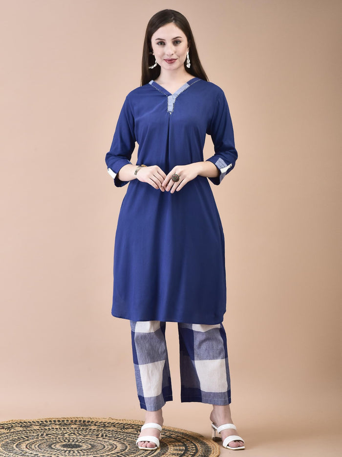 Women Liva (Rayon) Blue Solid Kurta With Cotton Comfort Pant.