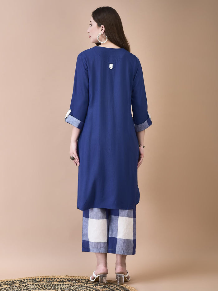 Women Liva (Rayon) Blue Solid Kurta With Cotton Comfort Pant.
