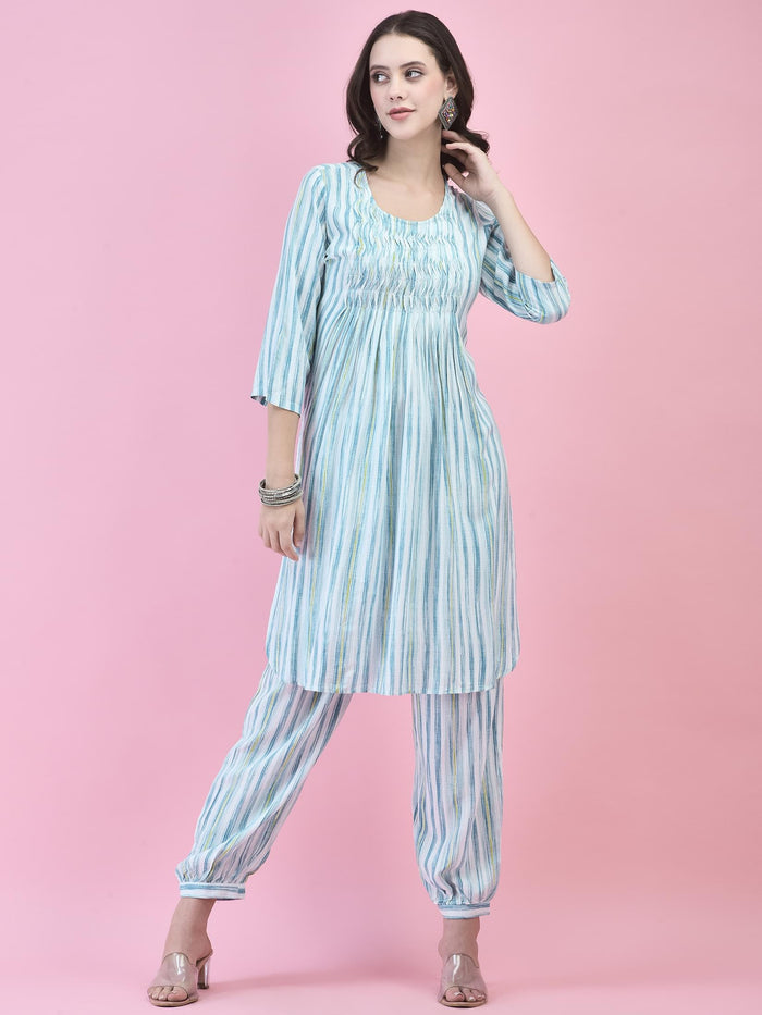 Women Liva (Rayon) Blue Stripe Print Kurta With Harem Pant.