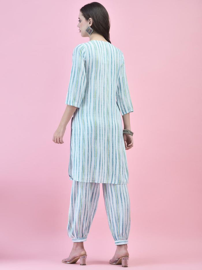 Women Liva (Rayon) Blue Stripe Print Kurta With Harem Pant.