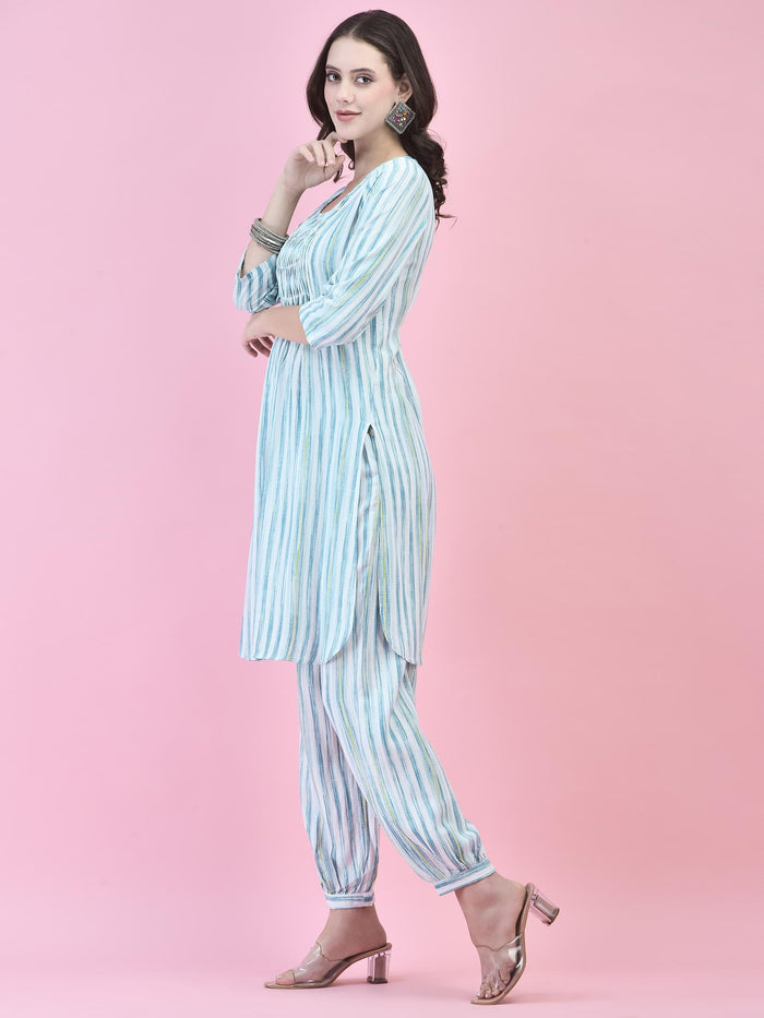 Women Liva (Rayon) Blue Stripe Print Kurta With Harem Pant.