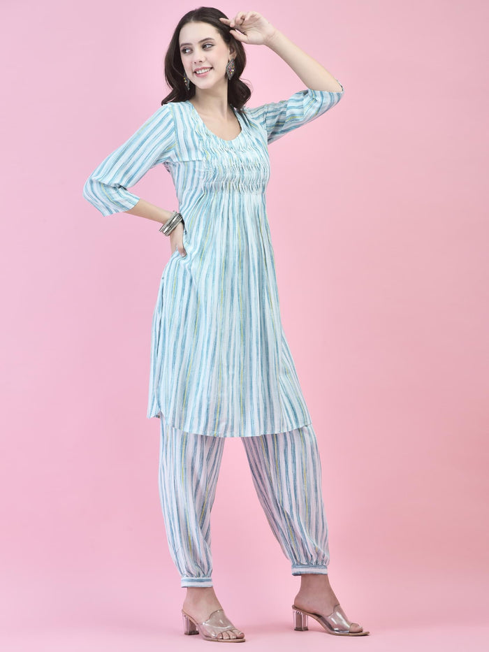 Women Liva (Rayon) Blue Stripe Print Kurta With Harem Pant.