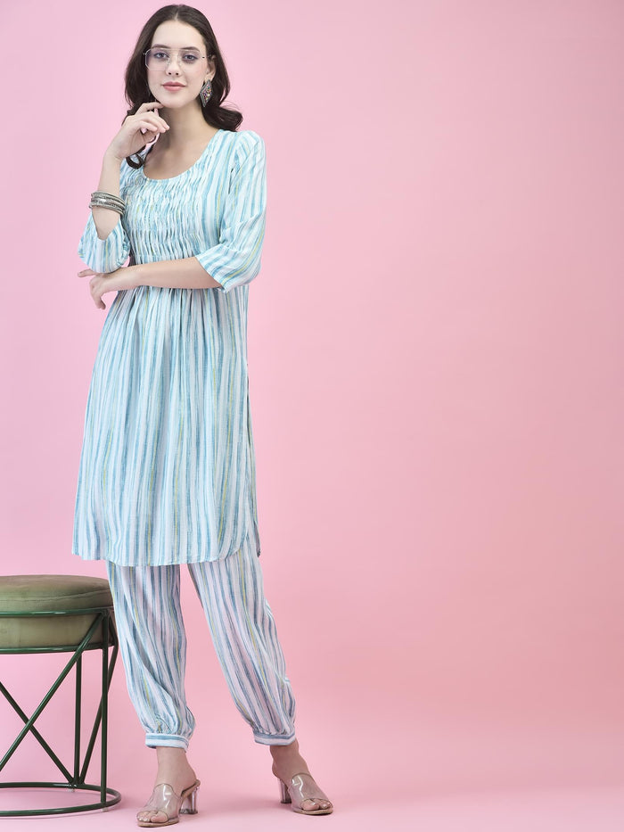 Women Liva (Rayon) Blue Stripe Print Kurta With Harem Pant.