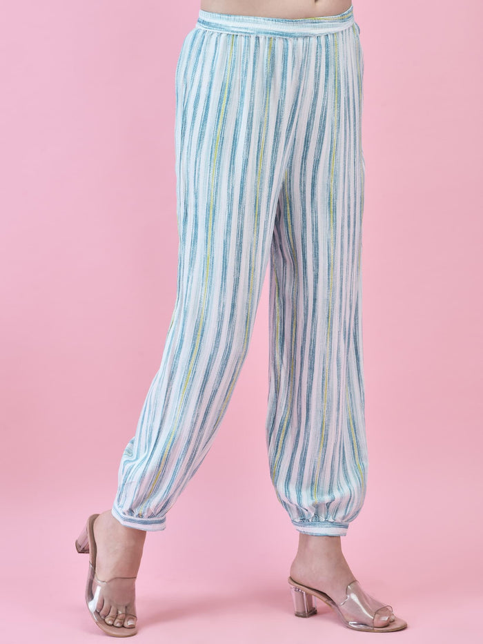 Women Liva (Rayon) Blue Stripe Print Kurta With Harem Pant.