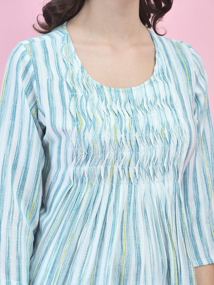 Women Liva (Rayon) Blue Stripe Print Kurta With Harem Pant.
