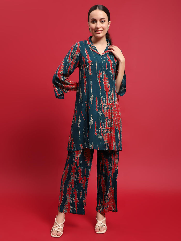 Women Liva Rayon Blue Tie Dye Print Co-Ord Set.