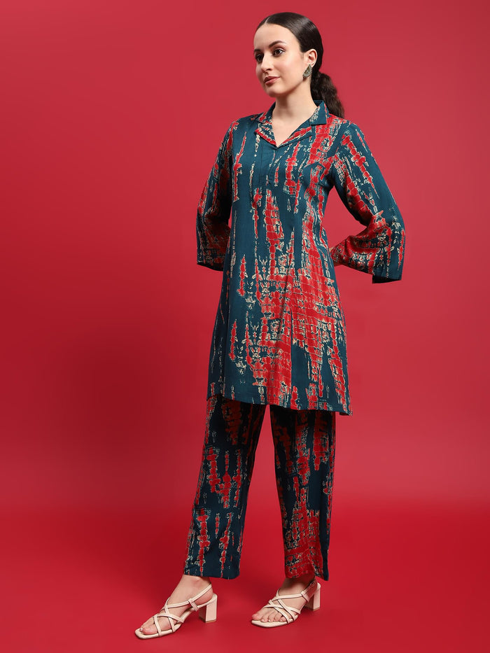 Women Liva Rayon Blue Tie Dye Print Co-Ord Set.