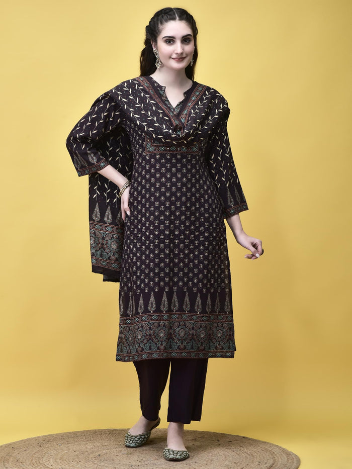Women Liva Rayon Brown Floral Print Kurta Comfort Pant Dupatta.