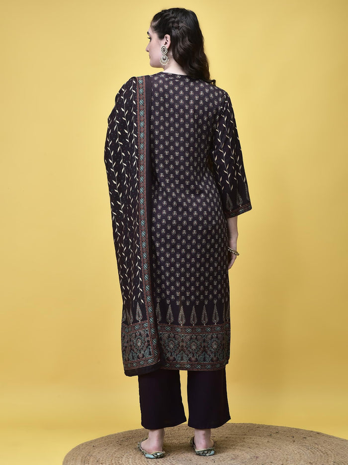 Women Liva Rayon Brown Floral Print Kurta Comfort Pant Dupatta.