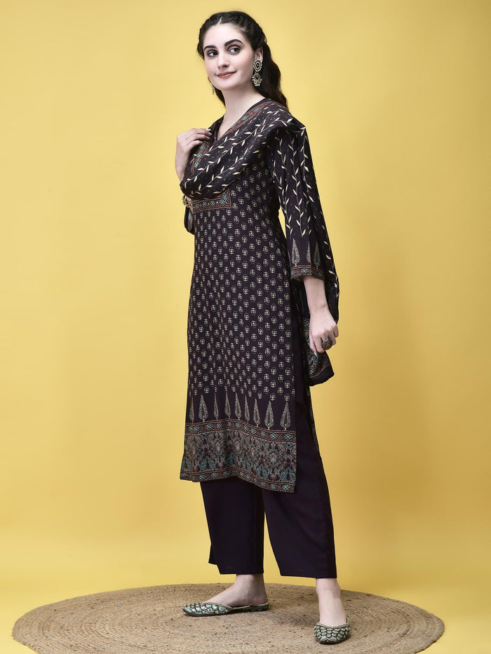 Women Liva Rayon Brown Floral Print Kurta Comfort Pant Dupatta.