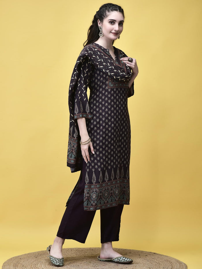 Women Liva Rayon Brown Floral Print Kurta Comfort Pant Dupatta.