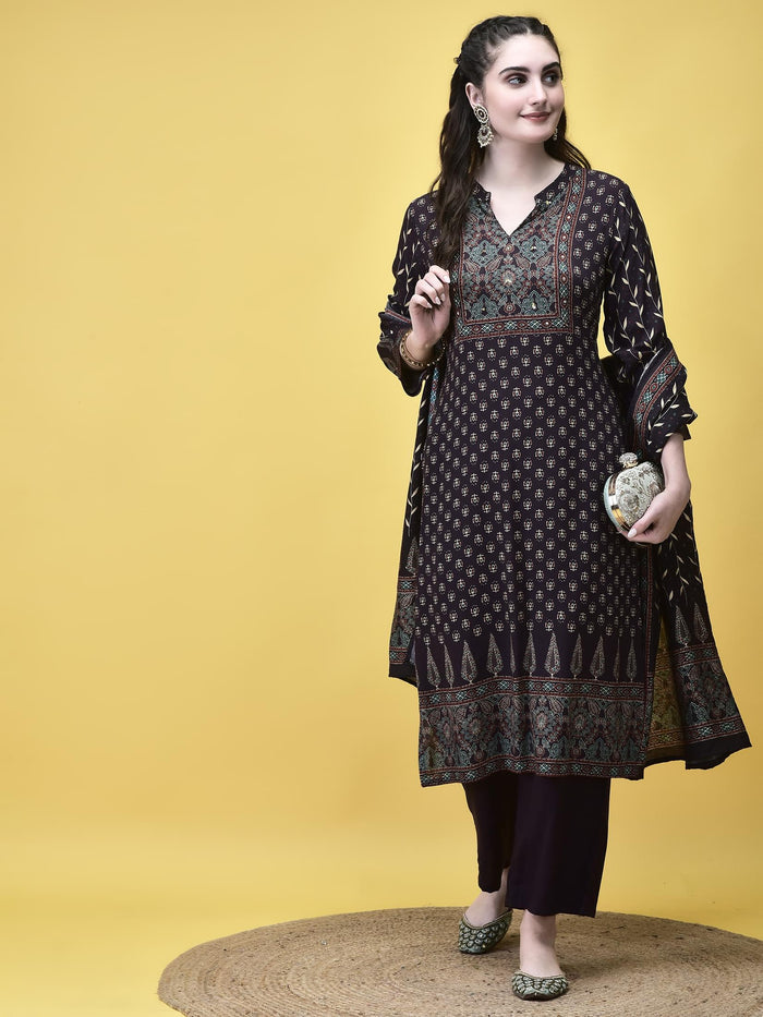 Women Liva Rayon Brown Floral Print Kurta Comfort Pant Dupatta.