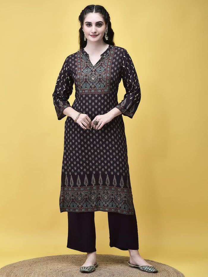 Women Liva Rayon Brown Floral Print Kurta Comfort Pant Dupatta.