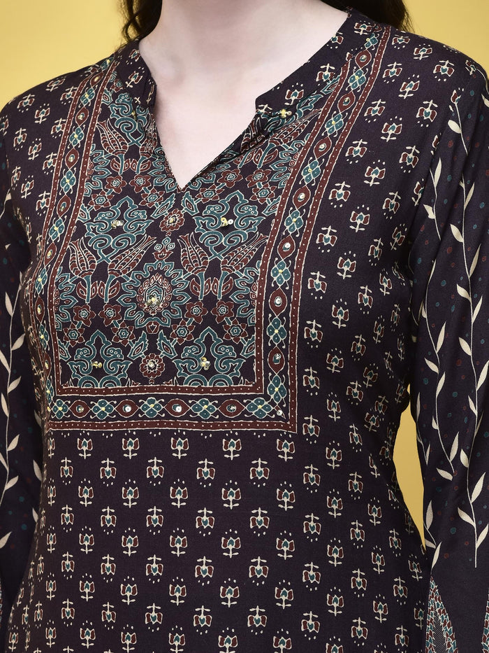 Women Liva Rayon Brown Floral Print Kurta Comfort Pant Dupatta.