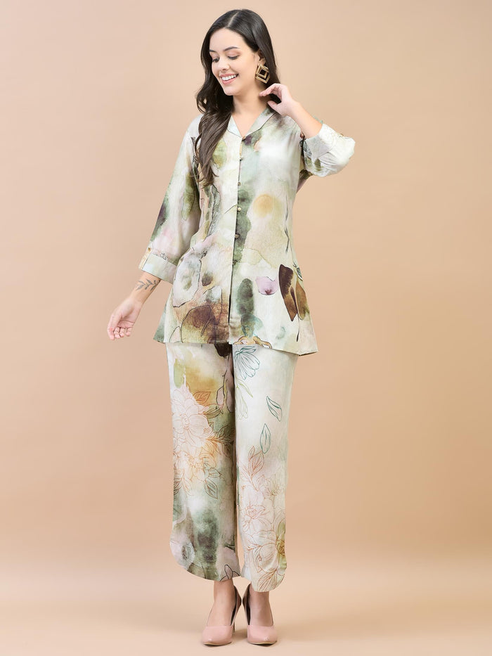 Women Liva Rayon Green Abstract Print Co-Ord Set.