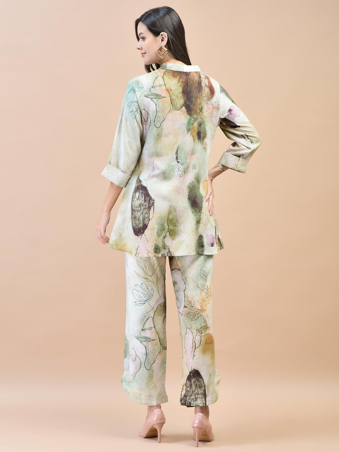 Women Liva Rayon Green Abstract Print Co-Ord Set.