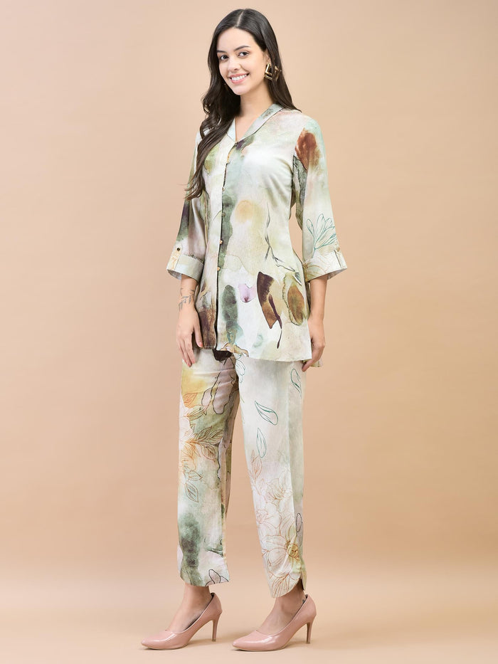 Women Liva Rayon Green Abstract Print Co-Ord Set.