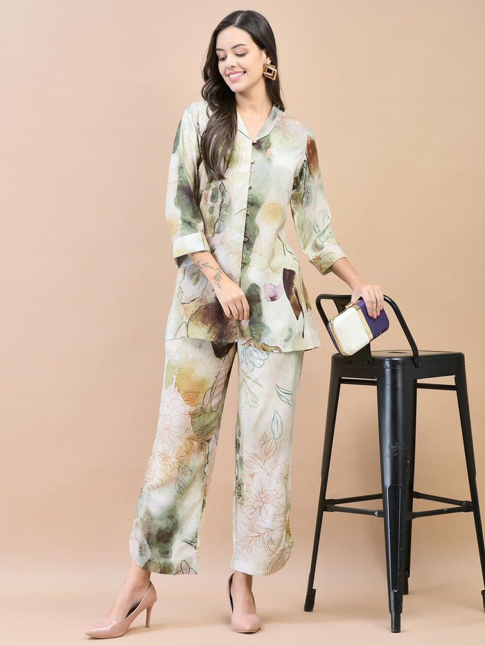 Women Liva Rayon Green Abstract Print Co-Ord Set.