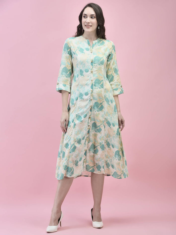 Women Liva Rayon Green Abstract Print Dress.
