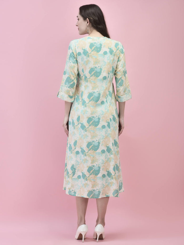 Women Liva Rayon Green Abstract Print Dress.