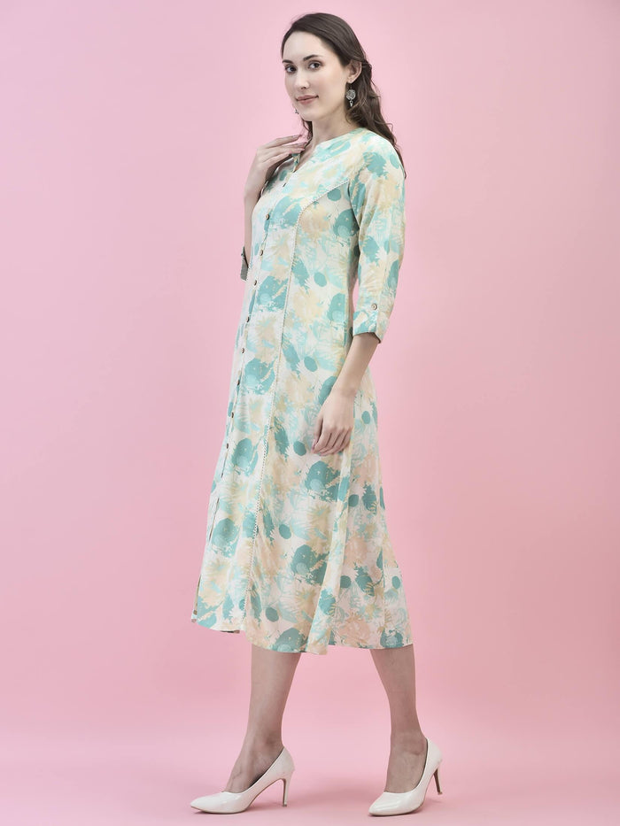 Women Liva Rayon Green Abstract Print Dress.