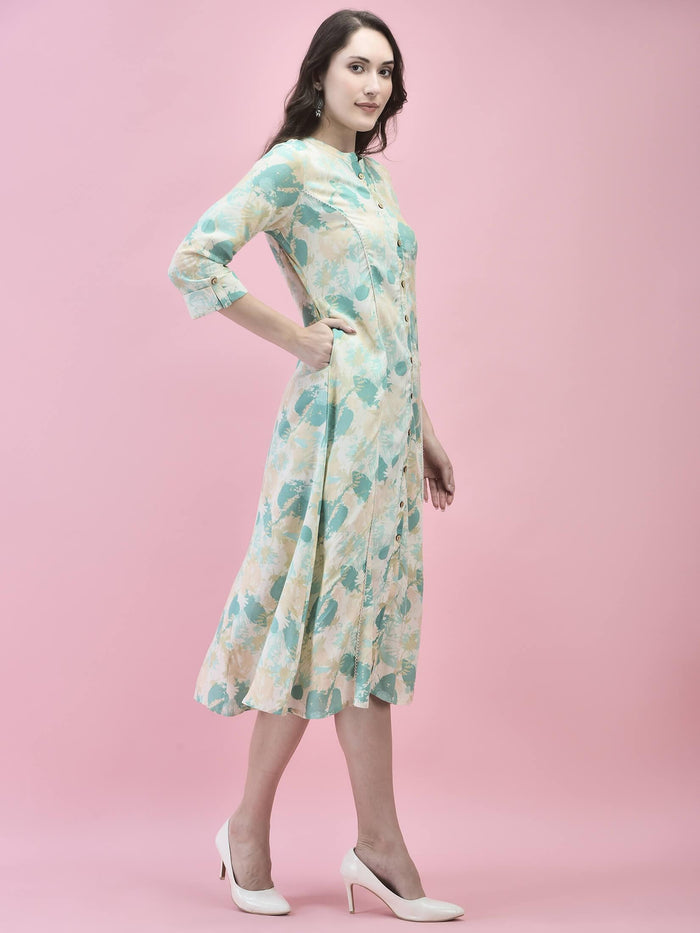 Women Liva Rayon Green Abstract Print Dress.