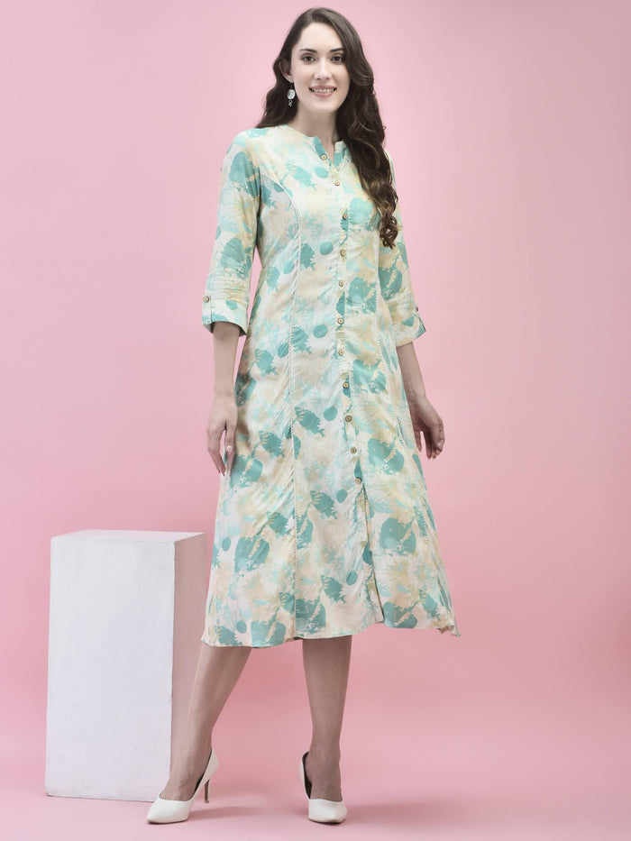 Women Liva Rayon Green Abstract Print Dress.