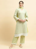 Women Liva Rayon Green Embroidered Kurta Comfort Pant Dupatta.