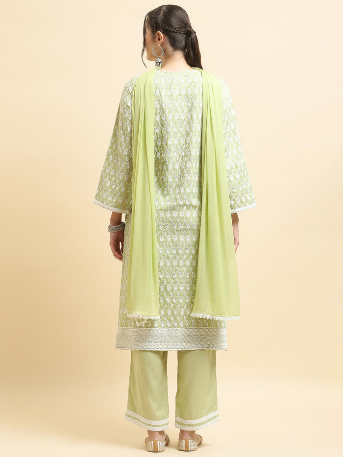 Women Liva Rayon Green Embroidered Kurta Comfort Pant Dupatta.