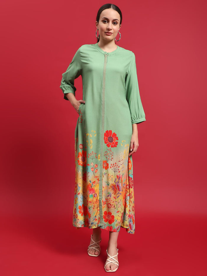 Women Liva (Rayon) Green Floral Print Dress.