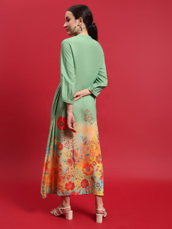 Women Liva (Rayon) Green Floral Print Dress.